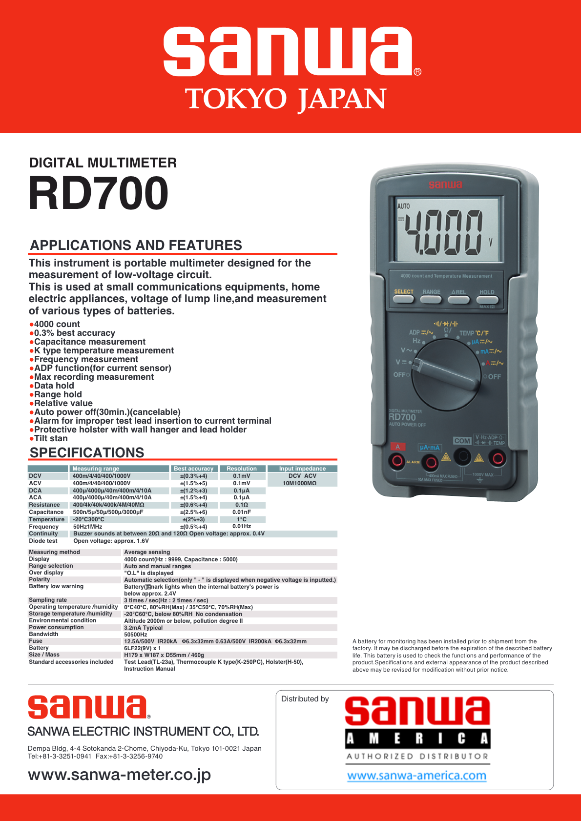 Sanwa RD700 | Digital Multimeter High Input Impedance | Sanwa